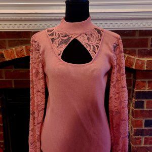 Absolutely Famous Pink, Lace Sleeves, With Peek-a-Boo Chest, Women's Large